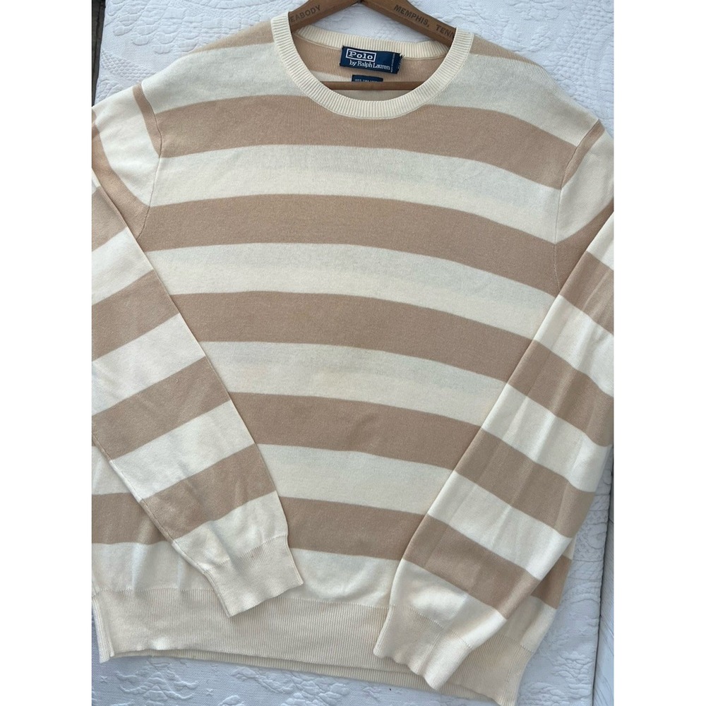 VTG Polo Ralph Lauren Sweater Mens XL Pima Cotton Tan Cream Striped Crewneck
